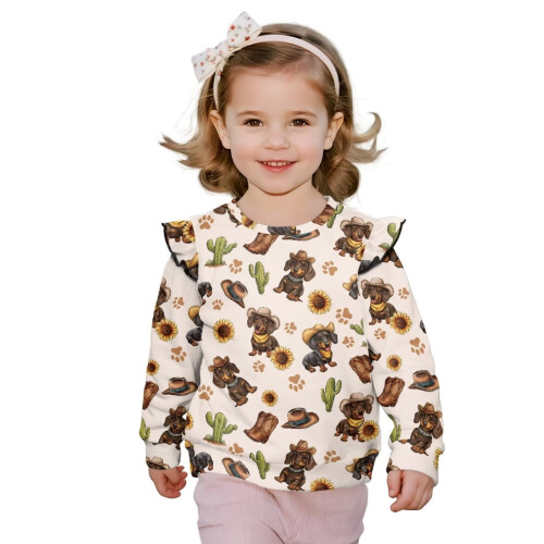 Mädchen-Sweatshirt mit Rüschen an den Schultern und Cowboy-Dackel