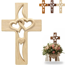 Hand-Carved Intertwined Hearts Wooden Cross Wall Decoration