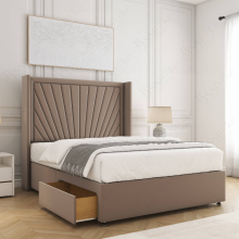 (Mink, 5ft King (with Mattress)) Alina Divan Double Bed Plush Velvet 54” Winged Headboard Built-in 2 Drawers Storage Mattress
