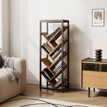 8-Tier Rustic Chevron Narrow Bookshelf 37.5x25x104.5cm 15mm E1 Particle Board Slanted Book Storage Rack with Black Metal Frame