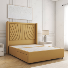 (Mustard, 5ft King (No Mattress)) Alina Divan Double Bed Plush Velvet 54” Winged Headboard Built-in 2 Drawers Storage Mattress