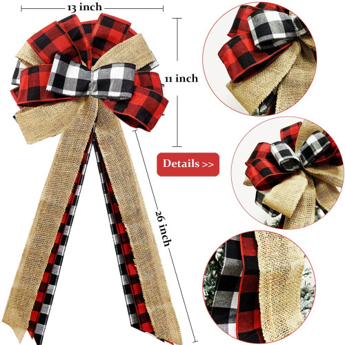 Christmas Tree Topper Bow Red Buffalo Plaid Large 1