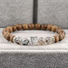 Owl beaded bracelet natural stone gold silver 8mm
