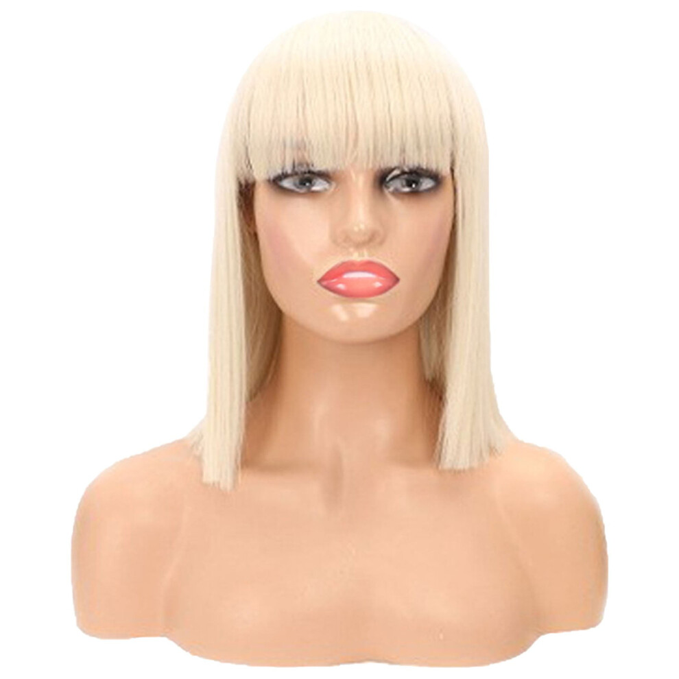 Women's Human Hair Bob Wig with Flat Bangs and Lace Front