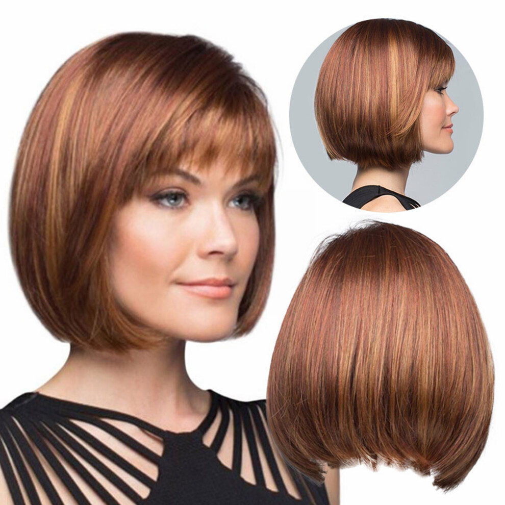 Human Hair Wig Brown Short Straight with Bangs