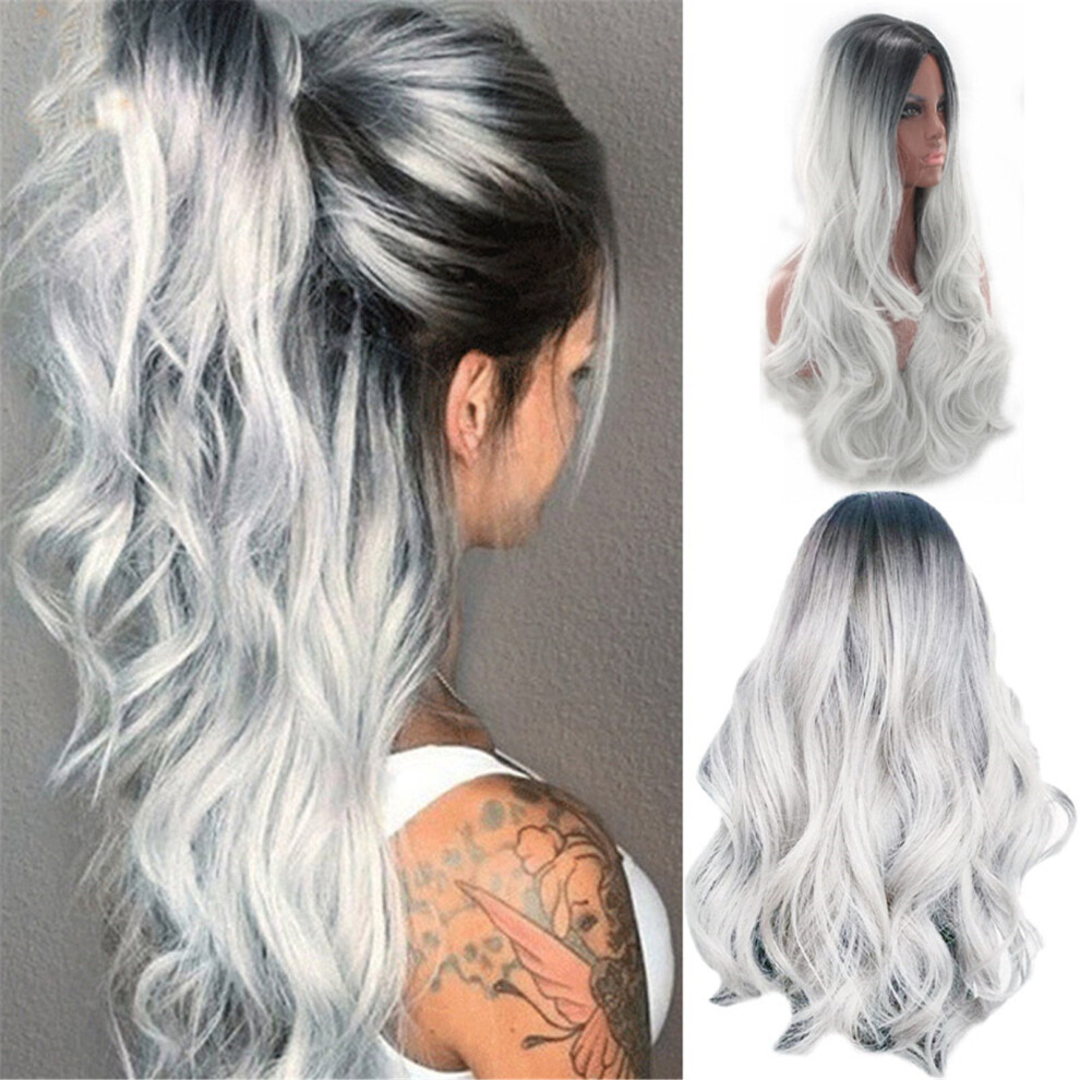 Women's Human Hair Wig Gray Gradient Long Big Wave Curly