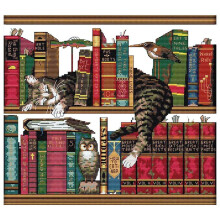 Cat on Bookshelf Embroidery Kit 14CT 40x36cm