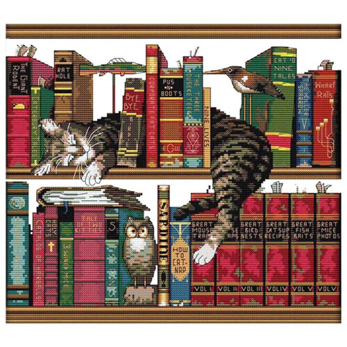 Embroidery Kit Cat on Bookshelf 14CT 40x36cm