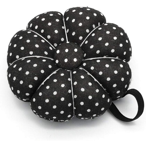 Pumpkin-shaped sewing pincushion with wrist strap black