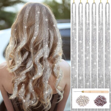 Kit de oropel para el cabello NOGIS, 1200 mechones, extensiones de cabello de oropel plateado brillante de 47" con herramientas, cabello de hada
