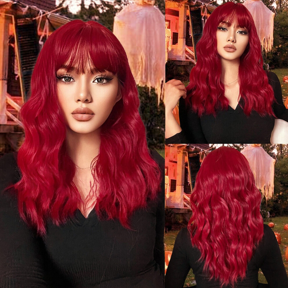 Wine Red Human Hair Wig Natural Wavy 24 Inch