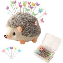 Hedgehog-shaped pin cushion sewing kit with 100 colored pins