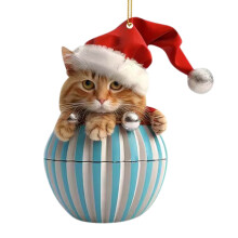 Christmas Cat Ornament 2D Flat Kitten with Santa Hat Red