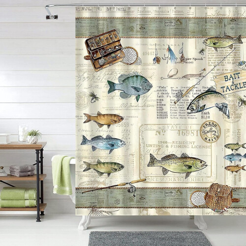 Rideau de douche style ferme sur le thème de la pêche, imperméable, en polyester 60x 1