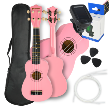SUPRIMO UK21 SET PK sopran ukulele 21" pink træ etui 3 plektre til spil ekstra strenge tuner sæt til børn til at lære at spille