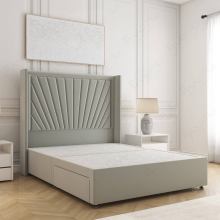 (Silver, 5ft King (No Mattress)) Alina Divan Double Bed Plush Velvet 54” Winged Headboard Built-in 2 Drawers Storage Mattress