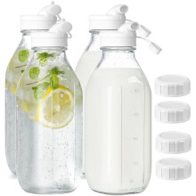 4 Pack Glass Milk Bottle with 4 Dispenser Caps, Airtight Heavy Duty ScrewLid. 32 Oz Reusable Glass Water Jug