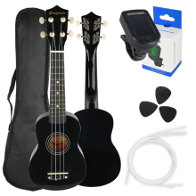 SUPRIMO UK21 SET BK sopran ukulele 21 sort træ etui 3 plektre reservesnore tuner sæt til børn til at lære at spille