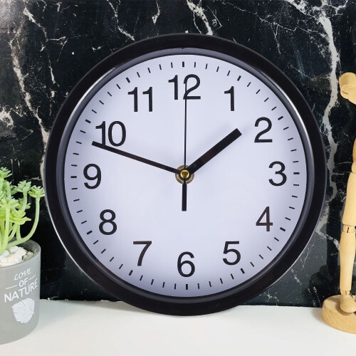 Silent Round Wall Clock 8 Inch Battery Powered Black