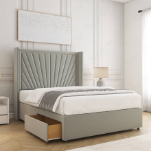 (Silver, 5ft King (with Mattress)) Alina Divan Double Bed Plush Velvet 54” Winged Headboard Built-in 2 Drawers Storage Mattress