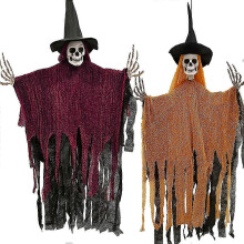 2 Pack Halloween Hanging Skeleton Ghost Decorations 45.6 Scary Grim Reapers with Hat for Halloween Indoor Outdoor Decorations Haunted House Skull Ghos