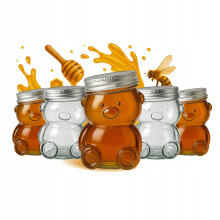 5x Glaskrukke 150ml bamse med låg til honning, marmelade og krydderier, mini-krukke