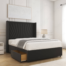 (Black, 6ft Super King (with Mattress)) Alina Divan Double Bed Plush Velvet 54” Winged Headboard Built-in 2 Drawers Storage Mattress