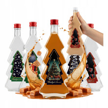 5x KARÁCSONYI FA Üveg 500ml + KARÁCSONYI FA CÍMKÉS üvegek karácsonyi likőrökhöz és borokhoz