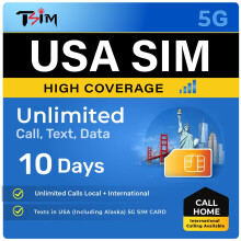 TSIM USA SIM Card 10 Days with Call Home | High Coverage | Unlimited Data on AT&T Network | Unlimited Local + International Call/Texts in USA (includ