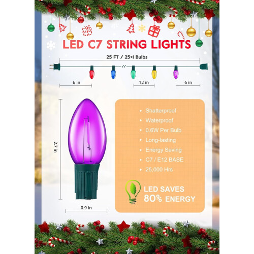 Flerfarvet C7LED julelyskæde, 7,5 m 1