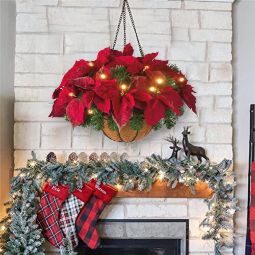 Artificial Christmas hanging basket with LED lights red 2