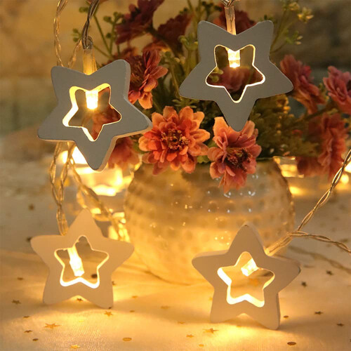 Wooden Star Fairy String Lights LED Battery Operated 2