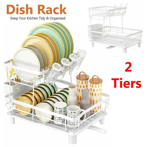 2 Tier Dish Drainer Rack with Drip Tray Kitchen UK 1