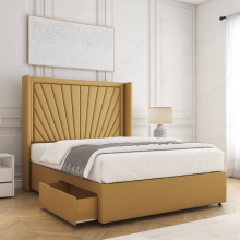 (Mustard, 6ft Super King (with Mattress)) Alina Divan Double Bed Plush Velvet 54” Winged Headboard Built-in 2 Drawers Storage Mattress