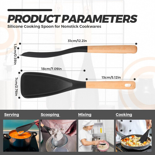 Colher de silicone para cozinhar com cabo de madeira, 30 cm (12 polegadas), 4 peças 1