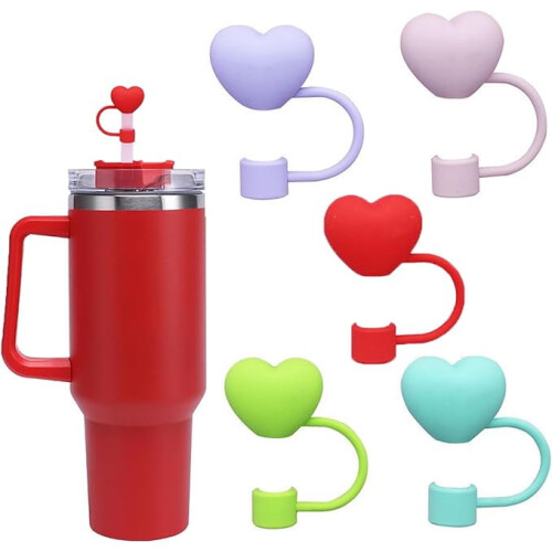 Καλύμματα σιλικόνης με καλαμάκι Love Heart για ποτήρια Stanley ροζ 2