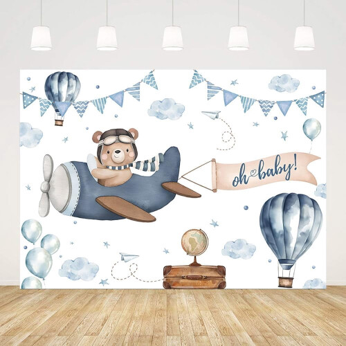 Bear Baby Shower Backdrop Blue Airplane Cloud Theme 1