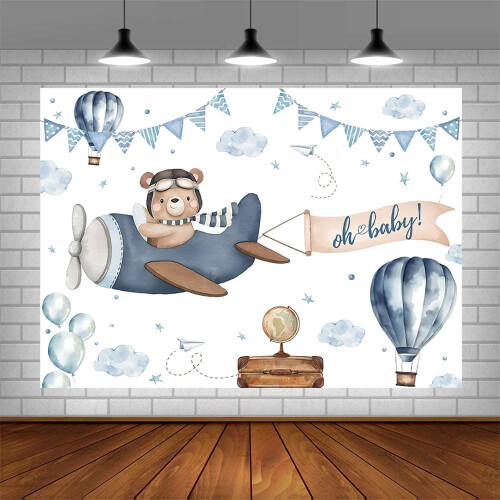 Bear Baby Shower Backdrop Blue Airplane Cloud Theme 2