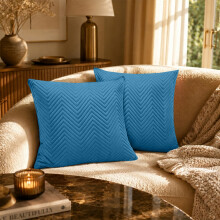 (Pack of 2, Teal) Luxury Chevron Embossed Velvet Cushion Covers 20x20 Inch with Cushion Pads - Premium Crushed Velvet Pillow Cases with Zip