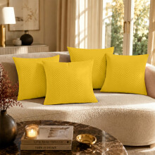 (Pack of 4, Ochre/Yellow) Luxury Chevron Embossed Velvet Cushion Covers 20x20 Inch with Cushion Pads - Premium Crushed Velvet Pillow Cases with Zip