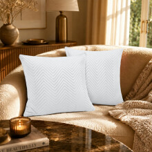 (Pack of 2, White) Luxury Chevron Embossed Velvet Cushion Covers 20x20 Inch with Cushion Pads - Premium Crushed Velvet Pillow Cases with Zip