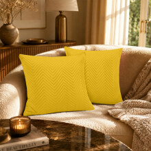 (Pack of 2, Ochre/Yellow) Luxury Chevron Embossed Velvet Cushion Covers 20x20 Inch with Cushion Pads - Premium Crushed Velvet Pillow Cases with Zip