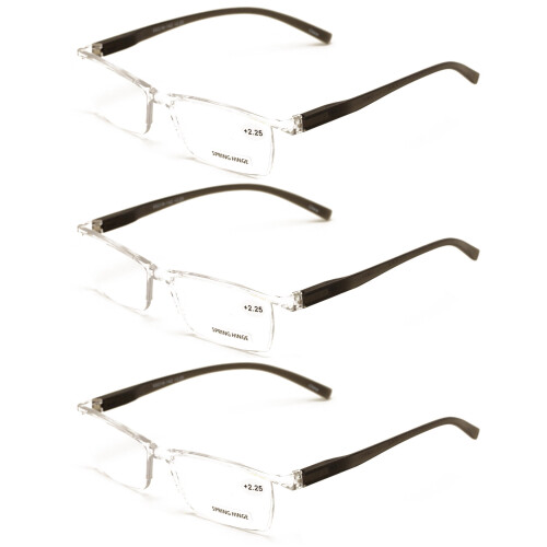 3Pairs Lightweight Transparent Clear Lens Rectangular Readers with Spring Hinge - Men Women Reading Glasses +2.00 1