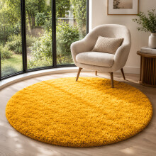 (Yellow/Ochre, 120cm x 120cm (4ft x 4ft)_Round Rug) Non Slip Rugs Shaggy Fluffy Rugs Runners & Bath Door Mats