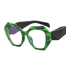 (C2 Green Pattern Frame with Black Temples) Polygonal, frisk brilleinnfatning i godterifarge, briller uten styrke, blokkerende blålys LH002