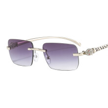 (C3 Silver Frame with Double Gray Lenses) Retro Colorful Leopard Head Rimless Small Square Sunglasses Personalized Shades 6060