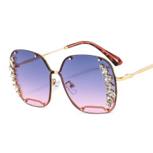 (C5 Gold Frame Gradient Blue Pink Lens) T22025 Oversized Metal Hollow Diamond Square Sunglasses for Women, Trendy Glamorous Colorful Shades