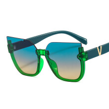 (C4 Green Frame Gradient Green Brown Lens) T2995 Women's Cat Eye Half Rim Sunglasses, Chic Retro V-Shaped Accent, Trendy Viral Shades