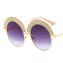 (C1 Gold Frame Double Gray Lens) Metalowe tęczowe, duże, okrągłe okulary przeciwsłoneczne z niestandardowymi, płaskimi soczewkami, damskie, 7900