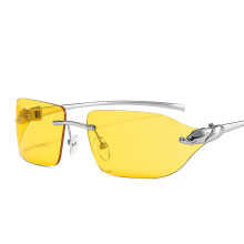 (C7 Silver Frame Yellow Lens) Sonnenbrille mit Leopardenkopf-Motiv, rahmenlos, gebogene Seitenschilde, farbenfroh, Vintage, Unisex